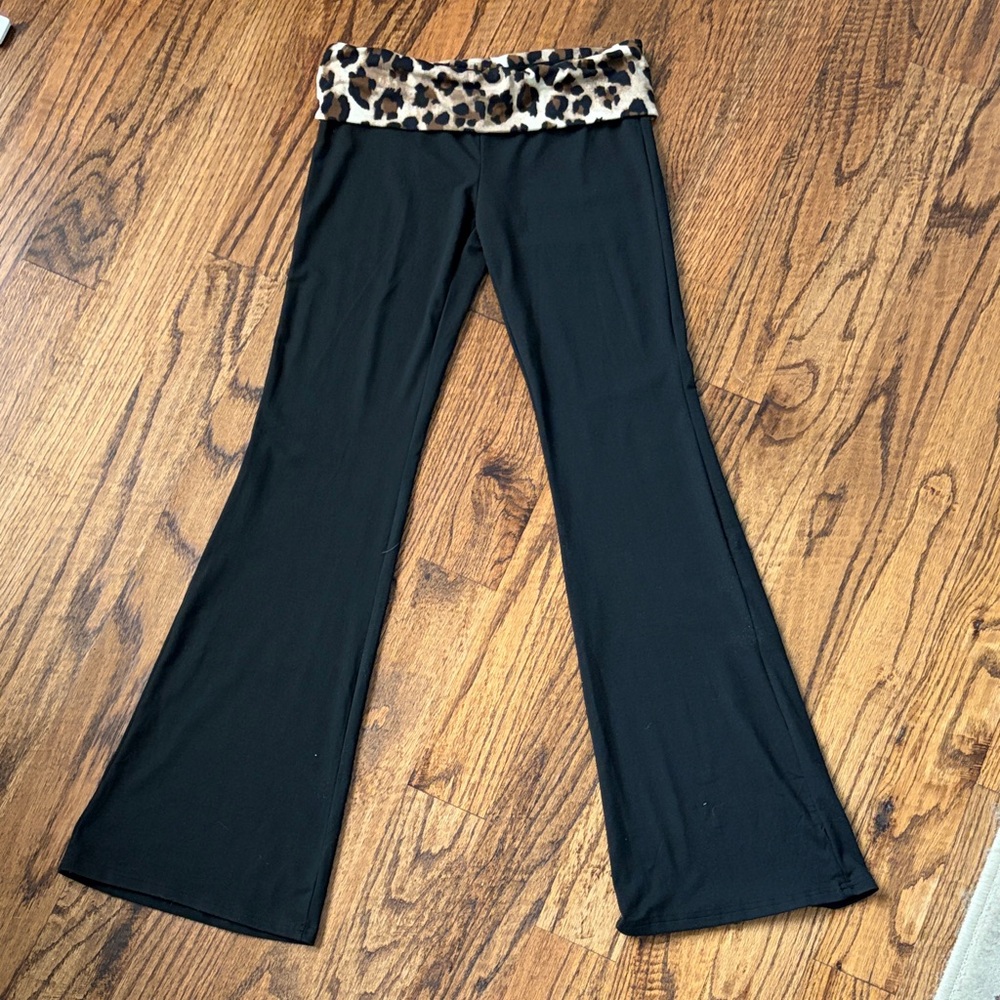 Black Flare Pants with Leopard Print Waistband